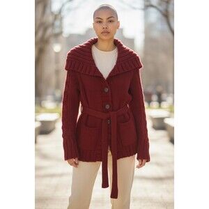 Gap Cardigan Womens M Red Shawl Collar Belted Button Front Knit Sweater
